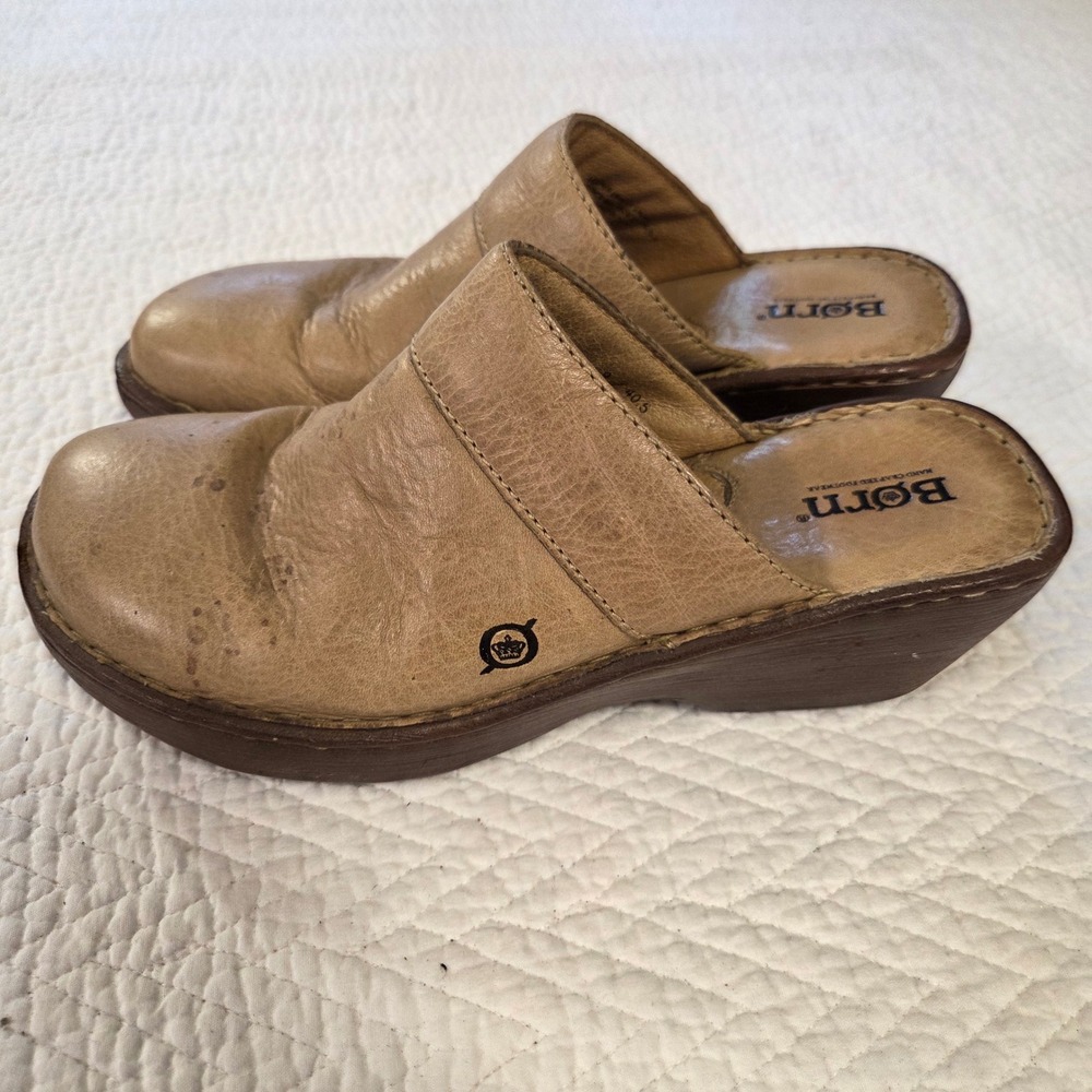 Born W2634 Tan Leather Wedge Clog Mules Womens Size 9 Slip On Shoes‎ Brown